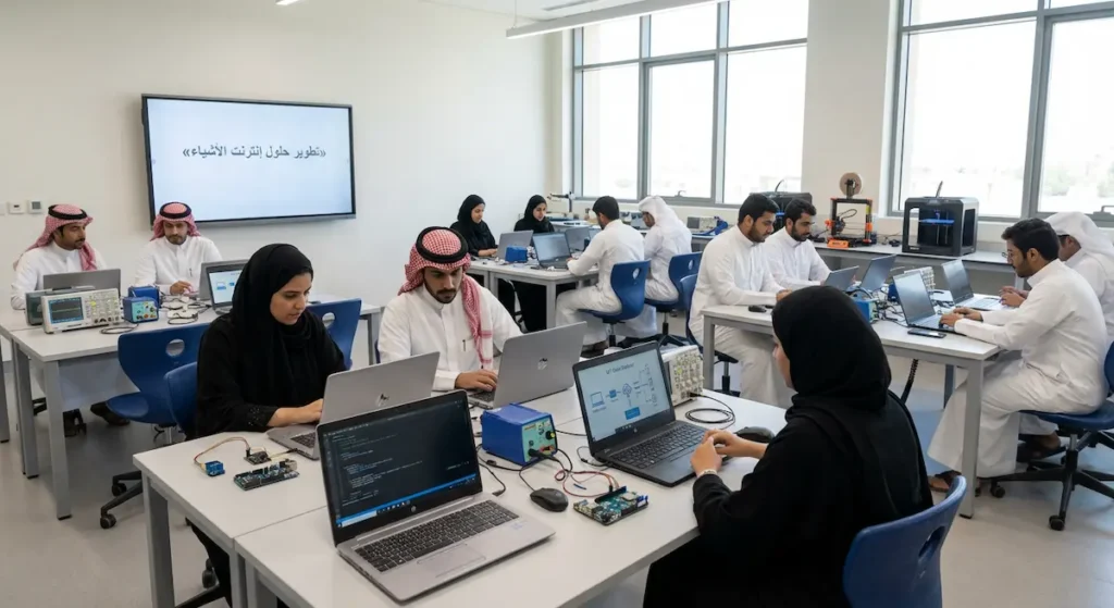 طلاب وشباب سعوديون يعملون في مختبر على مشاريع تطوير إنترنت الأشياء (Internet of Things - IoT).