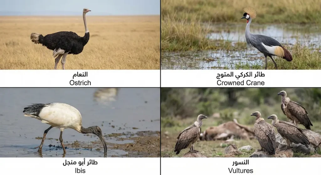 لوحة واقعية من أربع صور لطيور السافانا: النعام والكركي المتوج وأبو منجل والنسور.