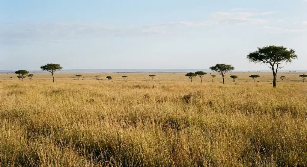 سهل سافانا عشبي كثيف مع أشجار متفرقة يوضح طبيعة البيئة الانتقالية