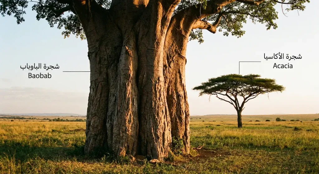 صورة واقعية لحفرة تربة بجانب شجرة تُظهر امتداد الجذور للأسفل مع لقطة لحاء سميك للتكيف مع الحرائق.