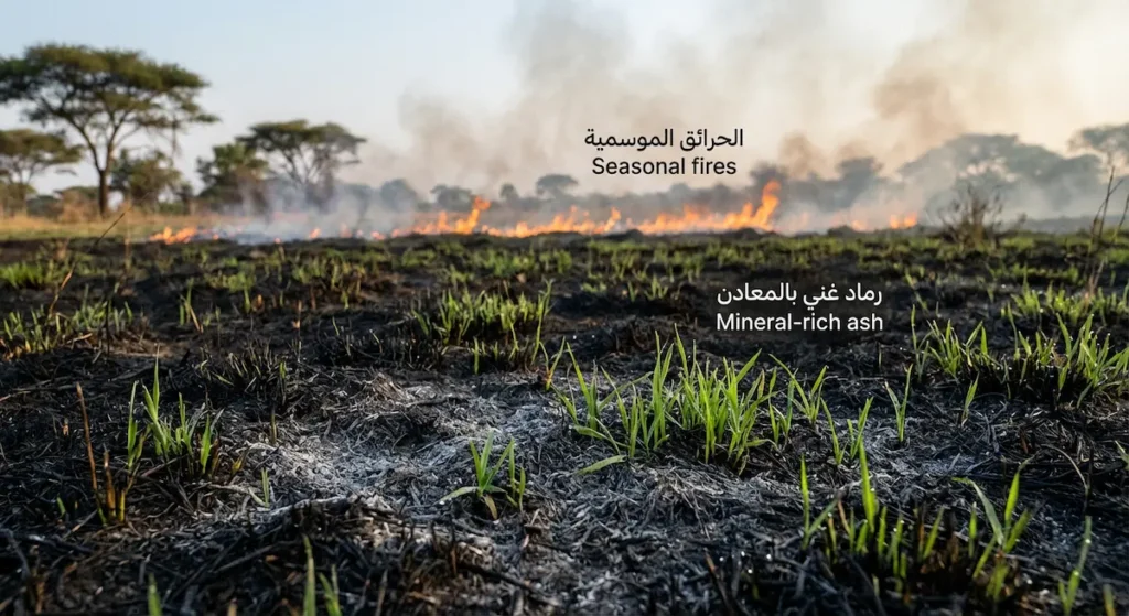 لقطة واقعية لحريق سافانا منخفض مع رماد على الأرض وبراعم خضراء جديدة بعد أول المطر