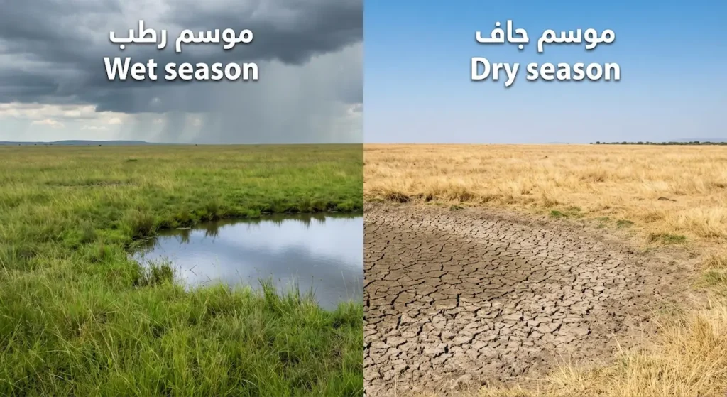 صورتان لنفس موقع السافانا تُظهران الفرق بين موسم رطب أخضر وموسم جاف أصفر متشقق.