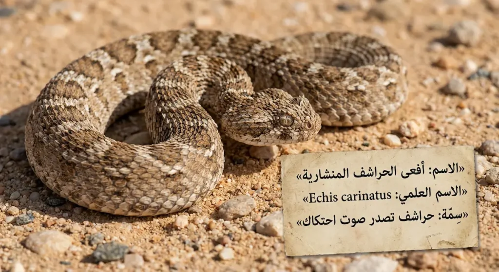 أفعى الحراشف المنشارية على أرض صحراوية مع بطاقة تعريف عربية