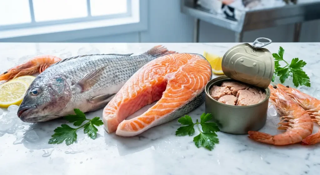 تشكيلة من المأكولات البحرية الغنية بالبروتين تشمل شريحة سلمون وسمك بلطي وتونة معلبة وجمبري طازج