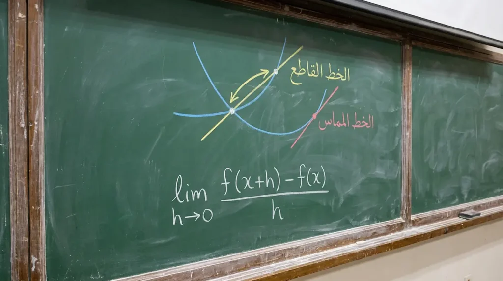 رسم على سبورة يوضح تحول الخط القاطع إلى خط مماس عند تعريف المشتقة