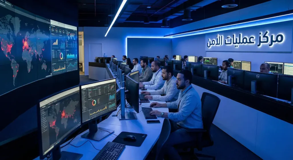 مركز عمليات الأمن السيبراني مع محللين يراقبون التهديدات على شاشات متعددة