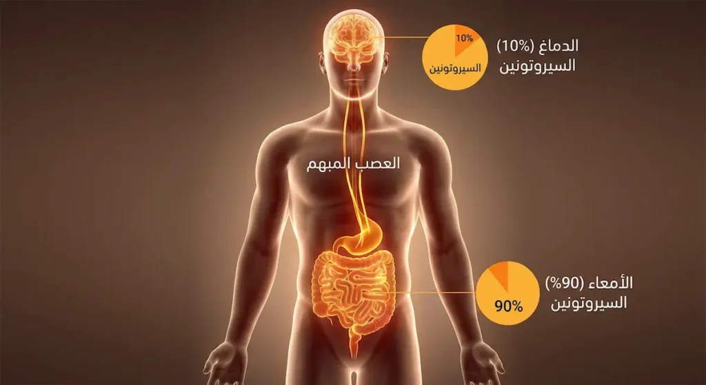 رسم توضيحي لجسم الإنسان يُظهر أن 90 بالمئة من السيروتونين يُنتج في الأمعاء و10 بالمئة فقط في الدماغ مع توضيح العصب المبهم الرابط بينهما