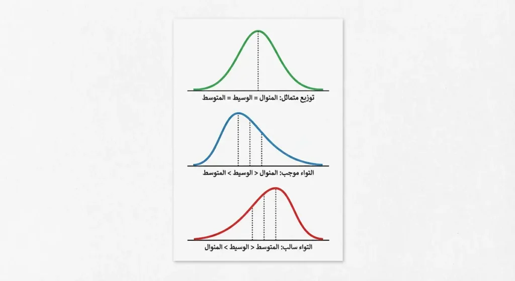 ثلاثة منحنيات توزيع توضح العلاقة بين مقاييس النزعة المركزية في التوزيعات المتماثلة والملتوية