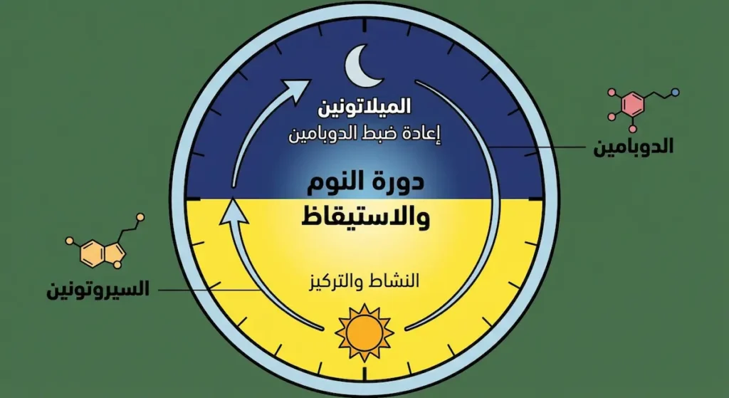 رسم دائري يُظهر دورة 24 ساعة وكيف تتغير مستويات السيروتونين والميلاتونين والدوبامين بين الليل والنهار