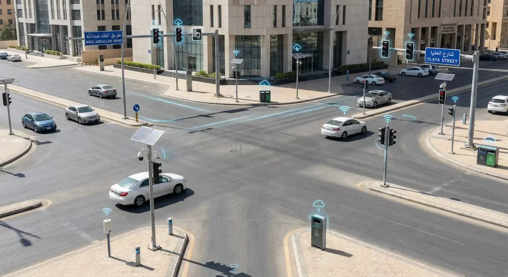 تقاطع طرق حضري في مدينة سعودية مع إشارات وإنارة مدارة بتقنيات المدن الذكية وإنترنت الأشياء (Internet of Things - IoT).