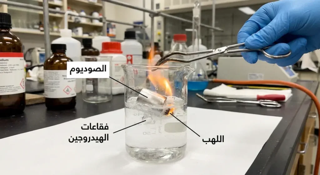تجربة مختبرية تُظهر تفاعل فلز الصوديوم العنيف مع الماء وتصاعد غاز الهيدروجين