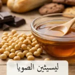 حبوب فول الصويا الذهبية بجانب وعاء زجاجي يحتوي على سائل ليسيثين بني لزج مع قطع شوكولاتة في الخلفية