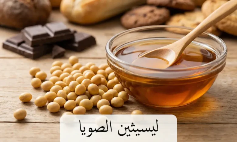 حبوب فول الصويا الذهبية بجانب وعاء زجاجي يحتوي على سائل ليسيثين بني لزج مع قطع شوكولاتة في الخلفية