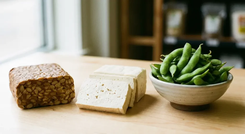 منتجات فول الصويا: إدامامي أخضر وتوفو أبيض وتمبيه بني، مصادر بروتين نباتي كامل تحتوي على جميع الأحماض الأمينية
