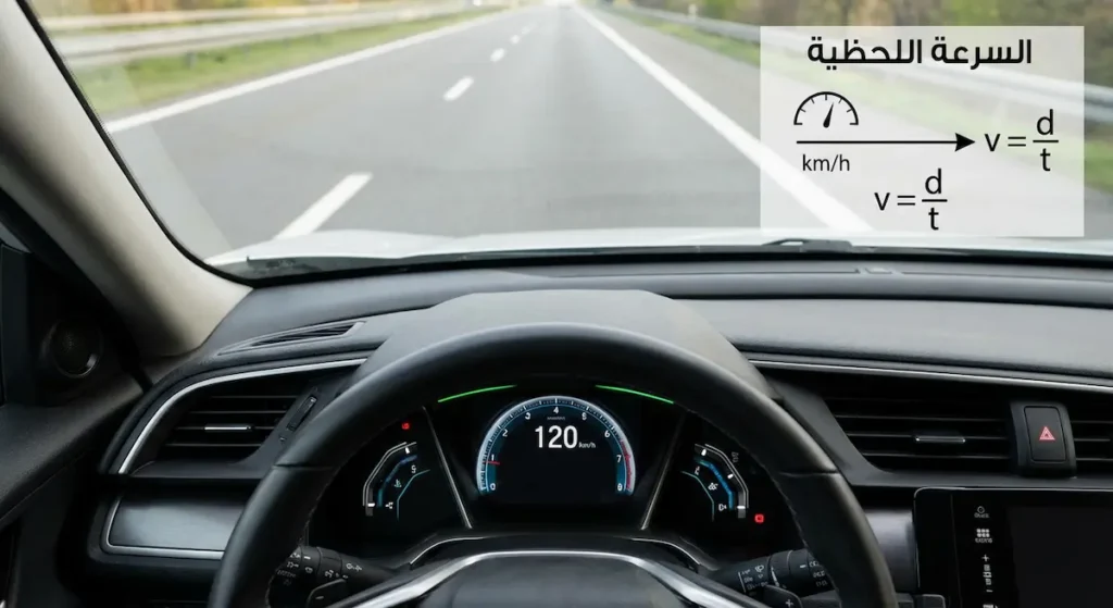 لوحة قيادة سيارة تُظهر عداد السرعة مع توضيح مفهوم السرعة اللحظية
