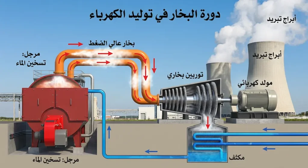 مقطع توضيحي لمحطة توليد كهرباء حرارية يُظهر دورة البخار من المرجل إلى التوربين والمكثف
