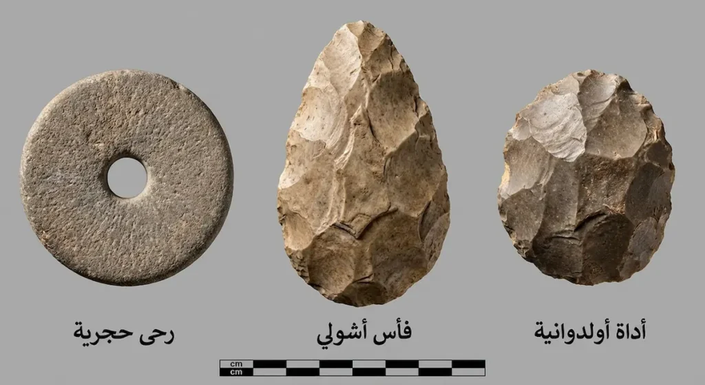 ثلاث أدوات حجرية أثرية تُظهر تطور الصناعة الحجرية من الأداة الأولدوانية البسيطة إلى الفأس الأشولي المتقن والرحى الزراعية