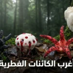مجموعة من الفطريات الغريبة في أرضية غابة تشمل فطر أصابع الرجل الميت وفطر نزيف الأسنان وفطر أصابع الشيطان وفطر رأس الأسد