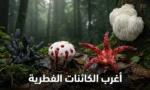 مجموعة من الفطريات الغريبة في أرضية غابة تشمل فطر أصابع الرجل الميت وفطر نزيف الأسنان وفطر أصابع الشيطان وفطر رأس الأسد