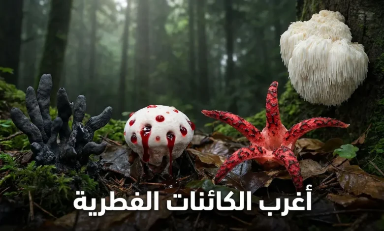 مجموعة من الفطريات الغريبة في أرضية غابة تشمل فطر أصابع الرجل الميت وفطر نزيف الأسنان وفطر أصابع الشيطان وفطر رأس الأسد
