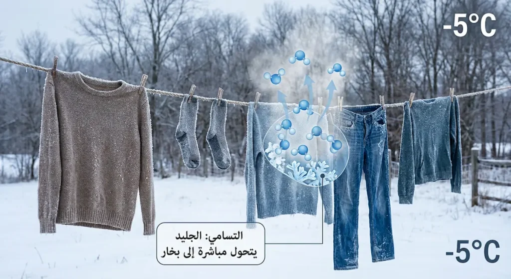  ملابس منشورة في يوم شتوي بارد تجف بالتسامي حيث يتحول الجليد مباشرة إلى بخار