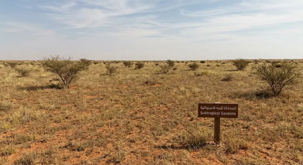 منظر واقعي لسافانا شبه استوائية بحشائش أقصر وأرض أكثر جفافاً وشجيرات متناثرة.