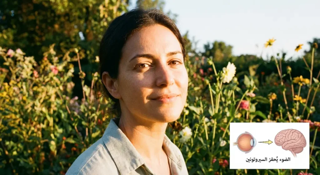 شخص يتعرض لأشعة الشمس الصباحية الدافئة مع توضيح كيف ينتقل الضوء عبر العين لتحفيز إنتاج السيروتونين في الدماغ