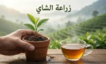 غلاف واقعي يوضح زراعة الشاي من شتلة في أصيص إلى كوب شاي مع عنوان “زراعة الشاي”.