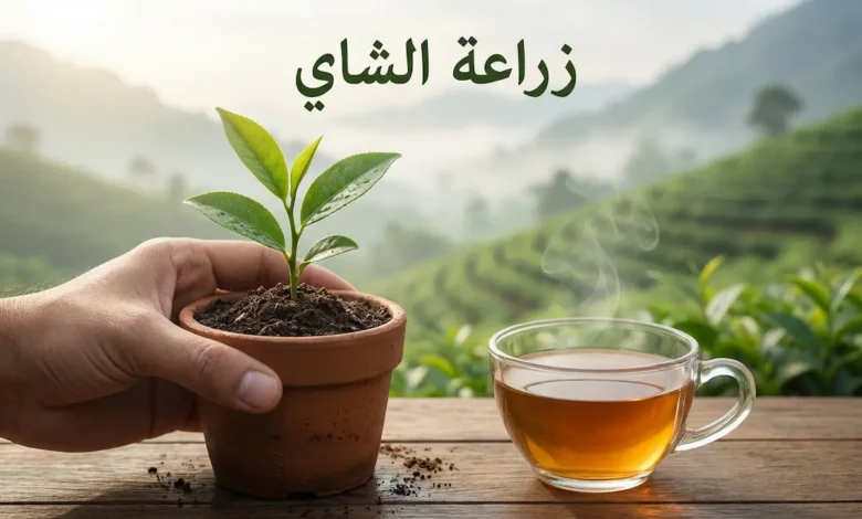 غلاف واقعي يوضح زراعة الشاي من شتلة في أصيص إلى كوب شاي مع عنوان “زراعة الشاي”.