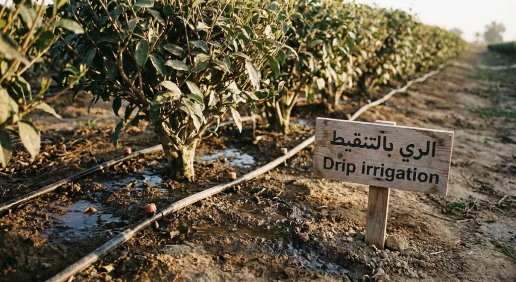 نظام ري بالتنقيط يزوّد شجيرات الشاي بالماء مباشرة عند منطقة الجذور.