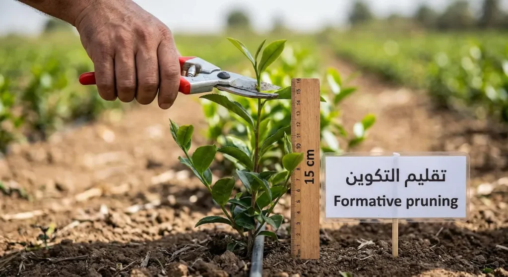 مزارع يقلم شجيرة شاي فتية مع قياس ارتفاع 15 سم لتشكيل النبات.