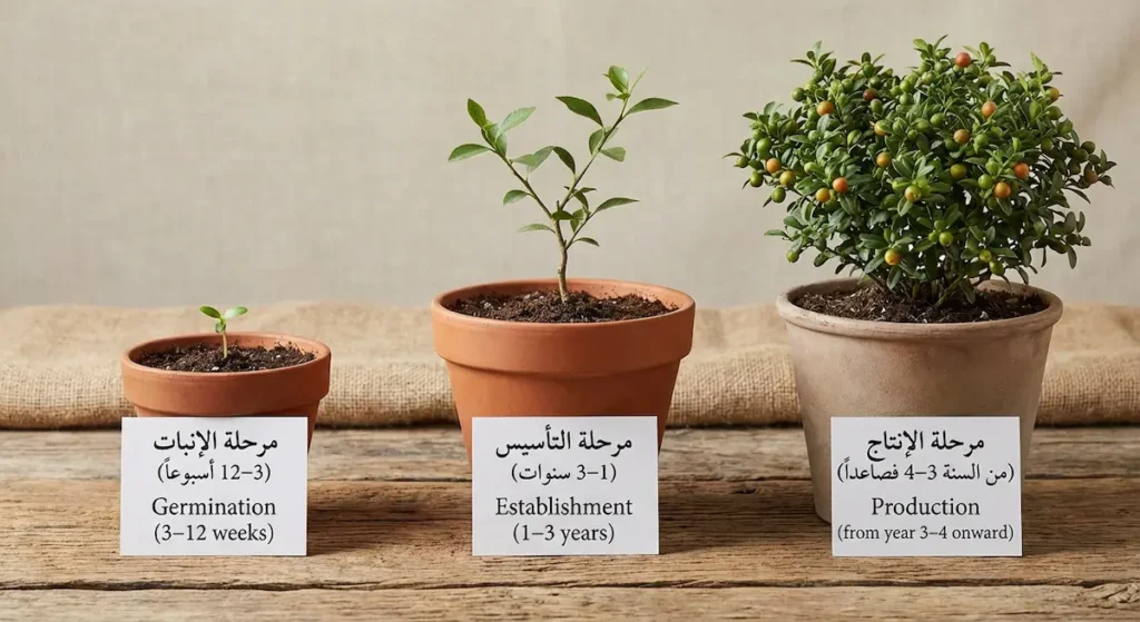 ثلاثة أصص تمثل مراحل نمو الشاي من الإنبات إلى التأسيس ثم الإنتاج مع مدد زمنية مكتوبة