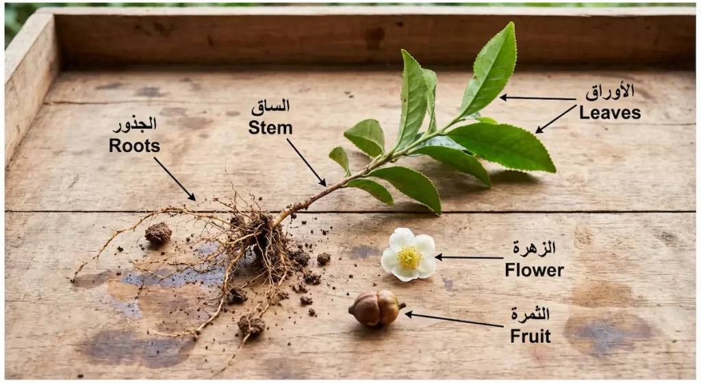صورة واقعية لأجزاء نبات الشاي تشمل الجذور والساق والأوراق والزهرة والثمرة مع تسميات.