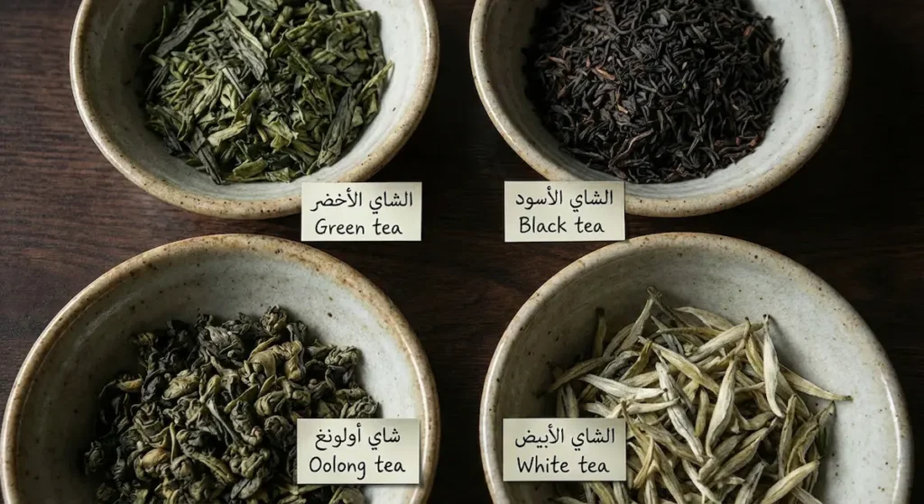 أربعة أوعية تعرض الشاي الأخضر والأسود والأولونغ والأبيض مع بطاقات تسمية لشرح اختلاف المعالجة.