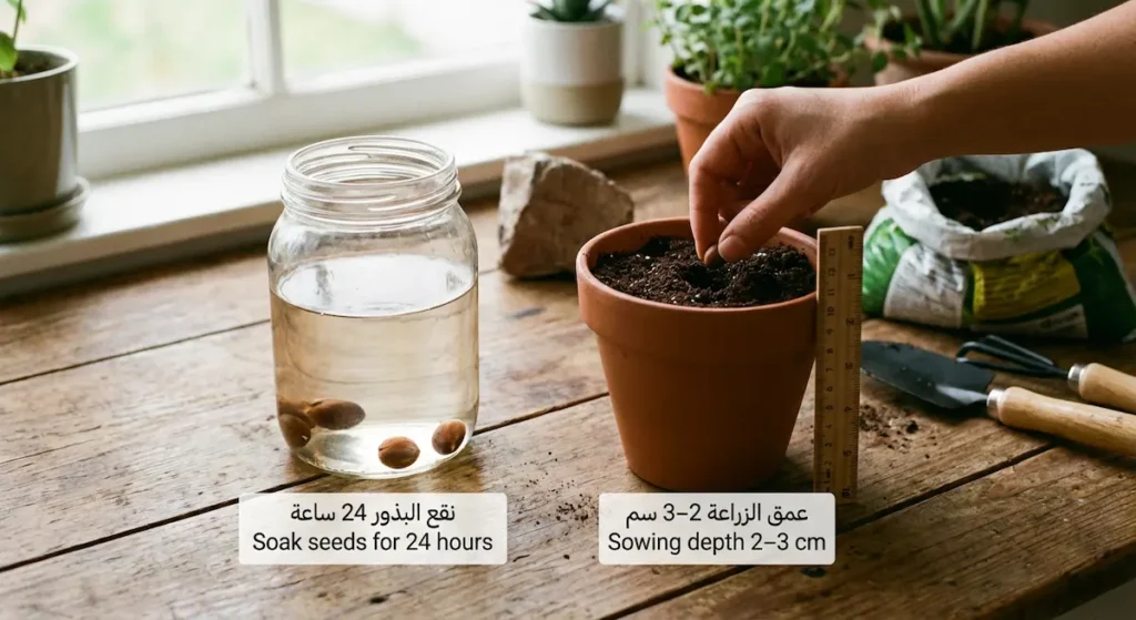 نقع بذور الشاي ثم وضع بذرة في أصيص مع توضيح نقع 24 ساعة وعمق 2–3 سم.