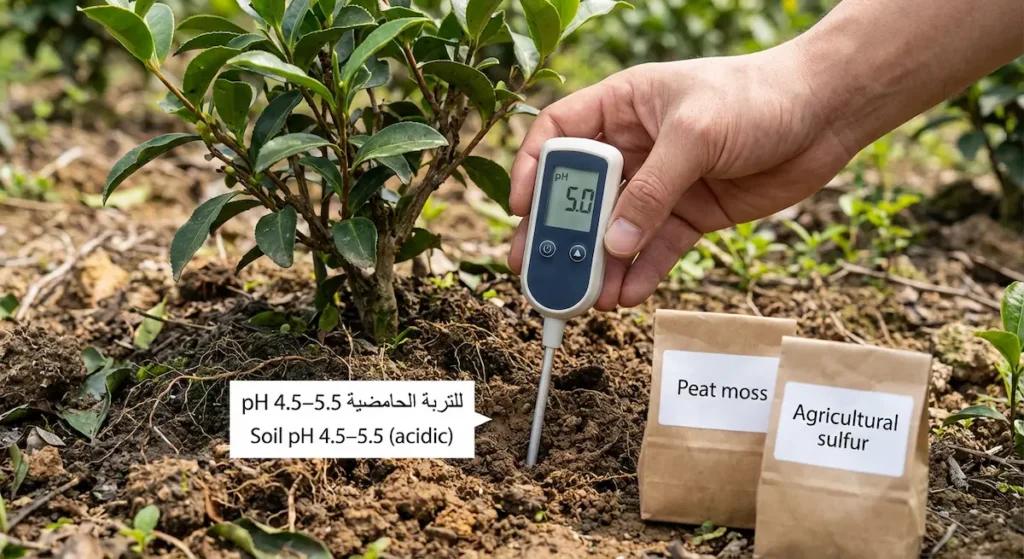 جهاز قياس pH في تربة شجيرة شاي يظهر pH 5.0 مع توضيح المجال 4.5–5.5.
