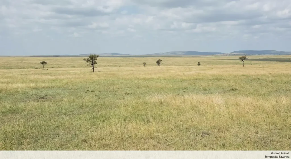 مشهد واقعي للسافانا المعتدلة مع سهل عشبي واسع وأشجار قليلة متناثرة وسماء خريفية تشير لمناخ معتدل.