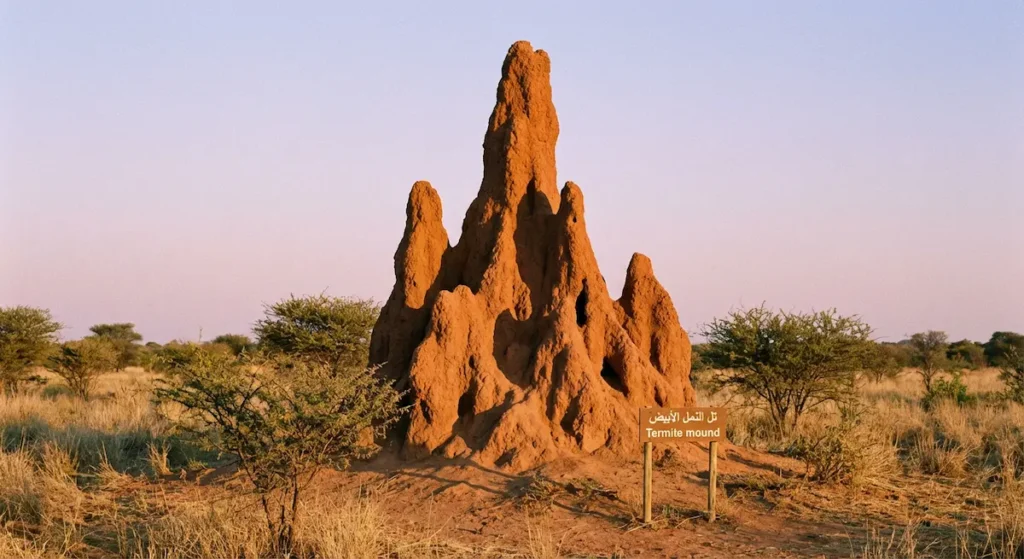 تل نمل أبيض مرتفع في السافانا مع نباتات حوله يوضح تأثيره على التربة.