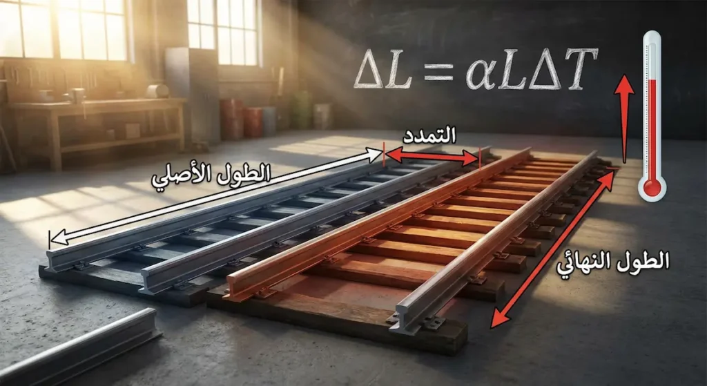 رسم توضيحي يُظهر قضيباً حديدياً قبل وبعد التمدد الحراري مع معادلة حساب التمدد الطولي