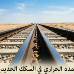سكة حديدية ممتدة في بيئة صحراوية عربية تحت أشعة الشمس الحارة مع ظهور فجوة التمدد بين القضبان الحديدية