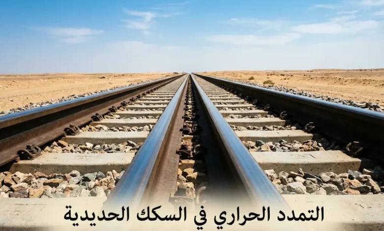 سكة حديدية ممتدة في بيئة صحراوية عربية تحت أشعة الشمس الحارة مع ظهور فجوة التمدد بين القضبان الحديدية