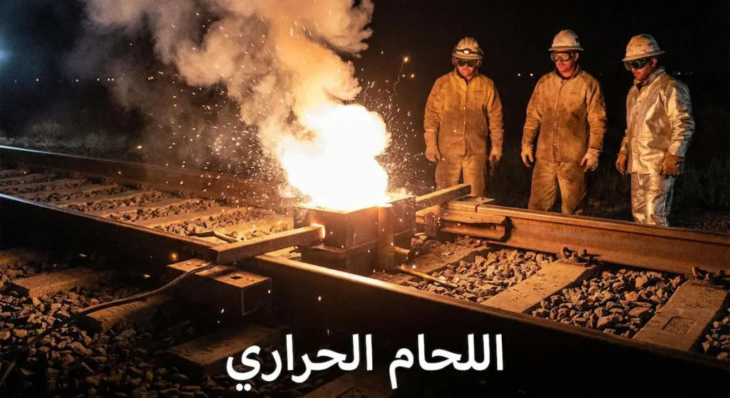 عملية اللحام الحراري لقضبان السكك الحديدية مع توهج برتقالي ساطع وقالب اللحام حول نقطة الوصل