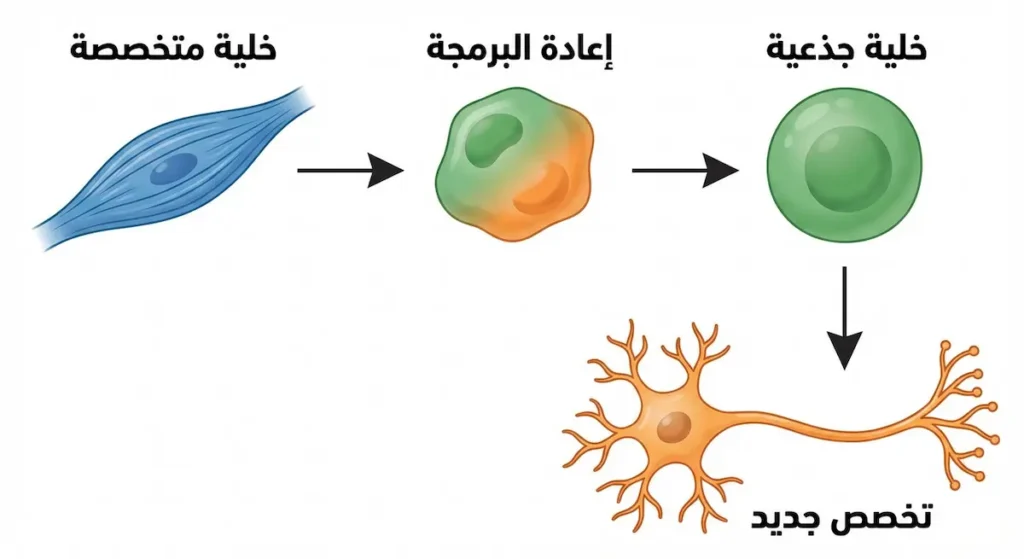 رسم تخطيطي يوضح مراحل التحول الخلوي العكسي: من خلية متخصصة إلى إعادة البرمجة ثم خلية جذعية وأخيراً تخصص جديد