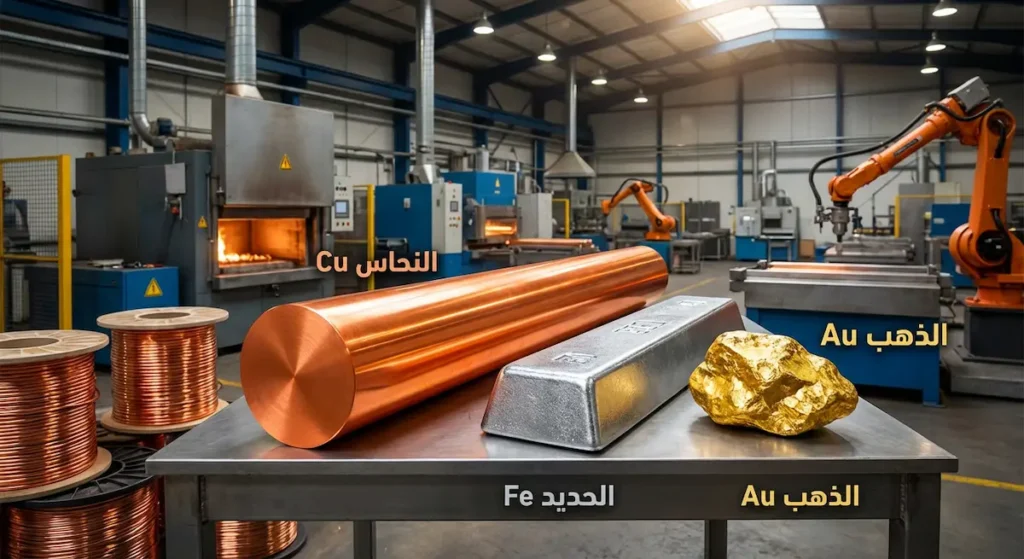 مجموعة من الفلزات الانتقالية تشمل النحاس والحديد والذهب في أشكالها المعدنية اللامعة