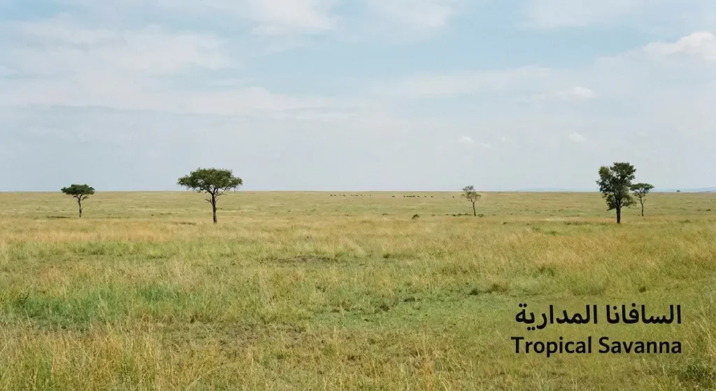 مشهد فوتوغرافي واقعي للسافانا المدارية مع حشائش واسعة وأشجار متناثرة وسماء صيفية.