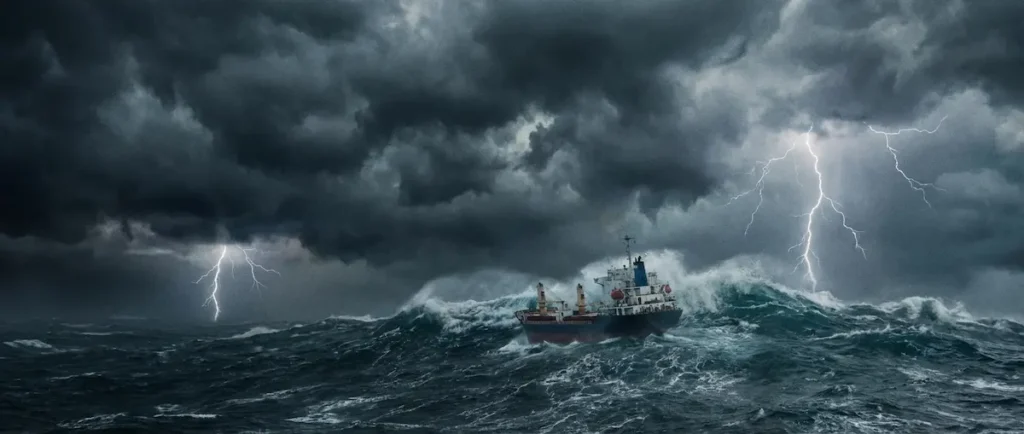 سفينة شحن وسط عاصفة مدارية قوية وأمواج هائجة في المحيط