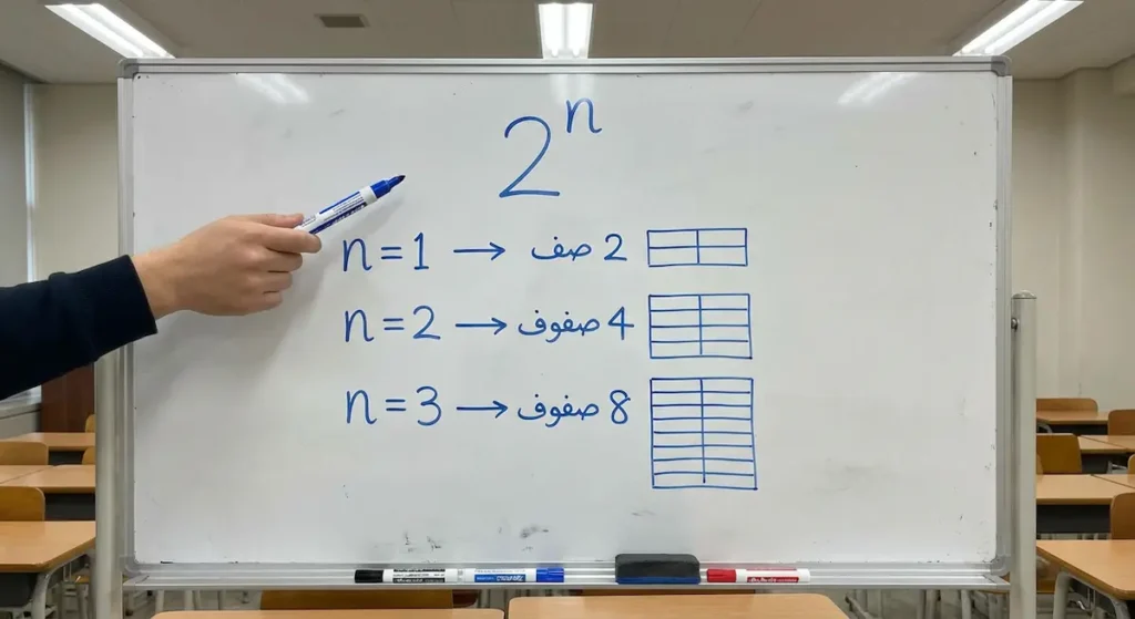سبورة بيضاء تعرض معادلة 2^n لحساب عدد صفوف جدول الصواب مع أمثلة توضيحية