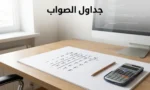 غلاف مقالة جداول الصواب يظهر طاولة مكتب عليها ورقة بجدول منطقي وأدوات كتابة مع نص عربي جداول الصواب