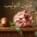 زهرة توليب نادرة من صنف سمبر أوغسطس بتلات بيضاء وحمراء على طاولة خشبية مع عملات ذهبية ومنزل هولندي منهار في الخلفية يرمز لانهيار الاقتصاد