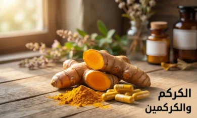 جذمور كركم طازج مقطوع يظهر لونه البرتقالي الذهبي بجانب مسحوق الكركم وكبسولات المكملات الغذائية